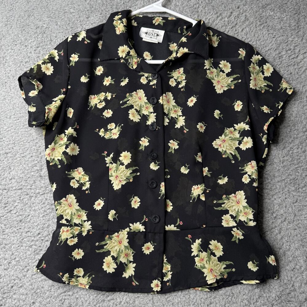 Vintage GSL Shirt Women's Medium Black and Yellow Sheer Floral Short Sleeve 90's